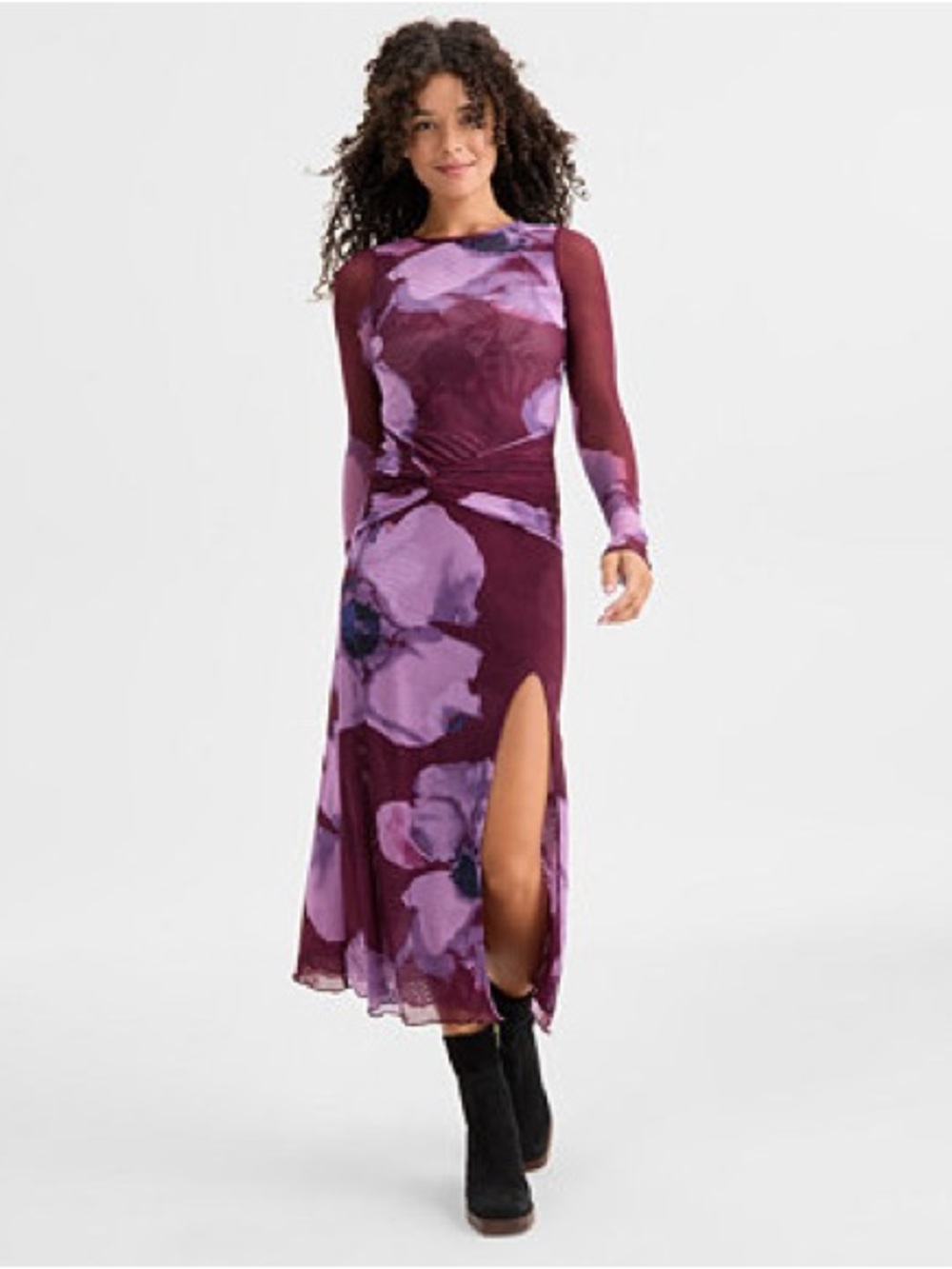 Free People Purple Floral Long-Sleeve Midi Dress